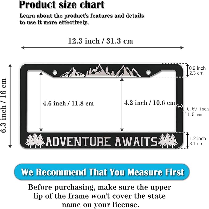 License Plate Frames Black and White License Plate Frame Adventure Awaits Universal Aluminum Car Accessory 2 Pack with Screw Covers Set