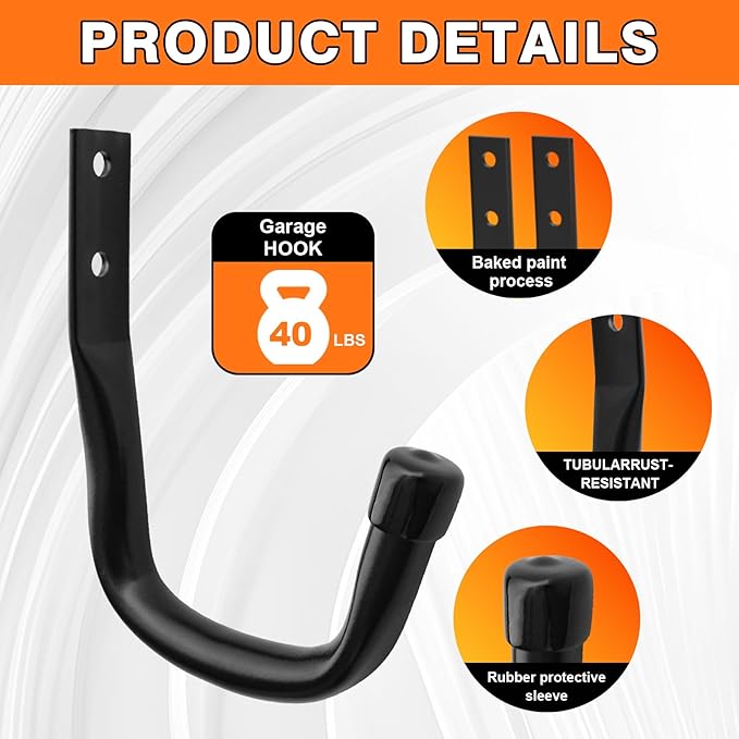10-Pack Heavy Duty Garage Wall Hooks – Utility J Hooks for Hanging Ladders, Bikes, Garden Tools, Hose, with Anti-Slip Coating (Black*10)