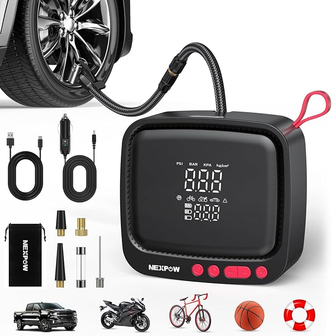 NEXPOW Tire Inflator Portable Air Compressor, 180 PSI Cordless Air Pump for Car Tires with Dual Digital Pressure Gauge & Auto Shut-Off, Portable Tire Pump for Car, Motorcycle, Bicycle, Ball and More