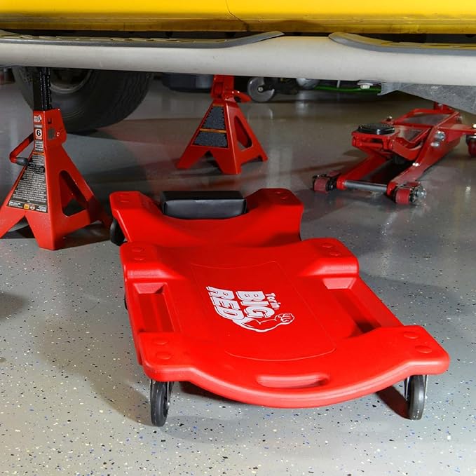 Big RED Plastic Rolling Garage/Shop Creeper: Dual Tool Trays and 6 Casters, Red，40" Mechanic Cart with Padded Headrest