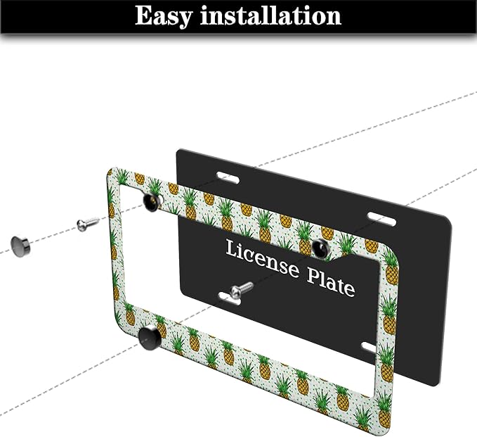 Car License Plate Frame Black Yellow License Plate Frames Yellow Pineapple Aluminum Metal Car Accessory 2 Pack with Screw Covers Set