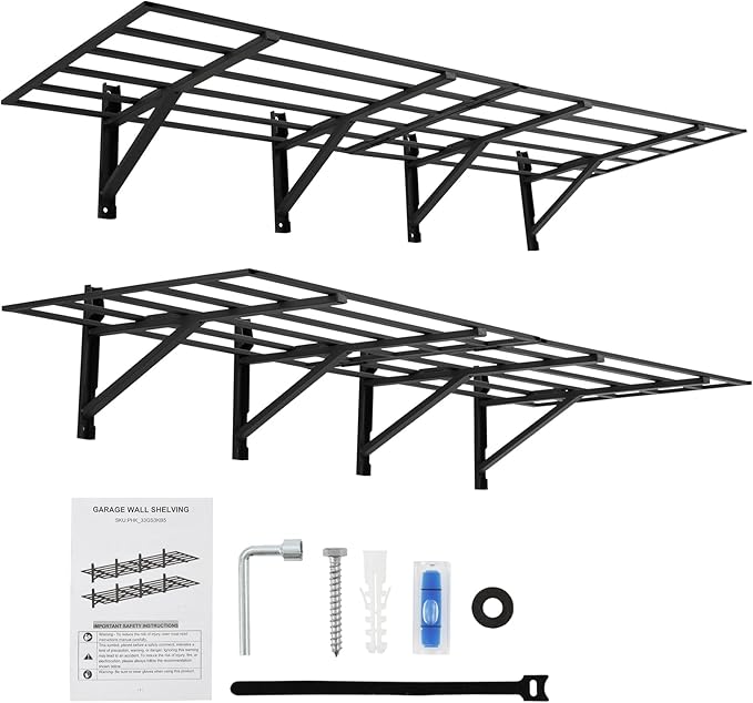 Garage Storage Shelving Wall Mounted, 2 Pack 2x6Ft, Loads 1600 Lbs Heavy Duty Sturdy Shelves, Folding Strong Garage Organiser, Storage Racks Units, Black Metal Floating Adjustable Wall System Shelf