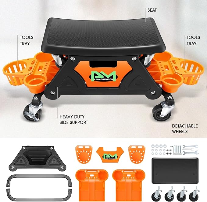PM PERFORMOTOR Mechanic Stool - 25-1/2" x 13" x 12" (L x H x W), Rolling Work Seat w/Lockable Swivel Wheels and Storage Tool Tray, Orange,PM-TOL-CRS-OG