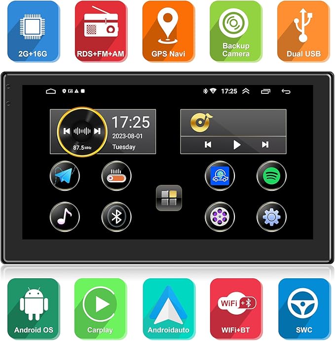 Double Din Car Radio Support Wireless CarPlay & Wireless Android Auto, [2G+32G] 7 Inch Touchscreen Car Stereo with Bluetooth+WiFi+RDS/FM+GPS Navi+Backup Cam+Mirror Link,Car Audio Receivers