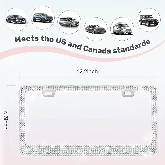 2 Pack License Plate Frames for Women, Sparkly Rhinestone Diamond Car Accessories with Glitter Crystal Caps (White (2PCS))
