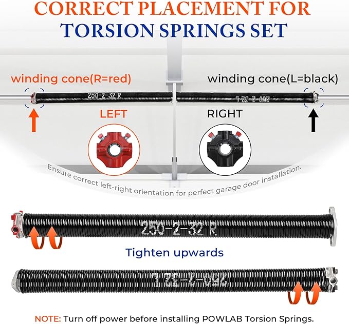 Pair of 2" Garage Door Torsion Springs (0.250'' X 2‘’ X 32‘’) with Non-Slip Winding Bars & Gloves, Heavy-Duty Replacement, 18,000 Cycles, High Precision Electrophoresis Black Coated