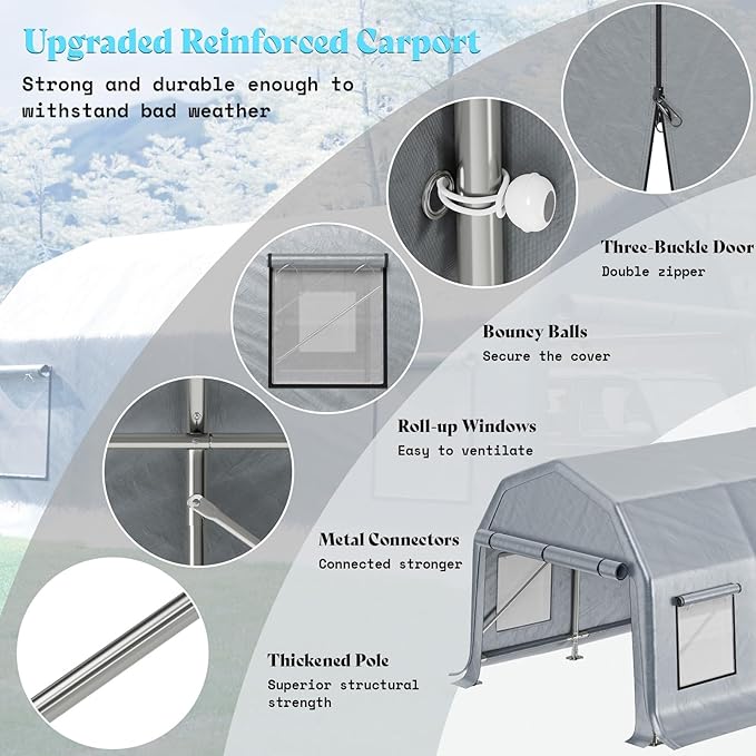 AMERLIFE 12x24 FT Heavy Duty Carport Garage Canopy, All-Weather Steel Frame Outdoor Shelter with Roll-Up Door & 4 Vented Windows, UV-Proof Waterproof Portable Storage for Cars, Boats, Silver