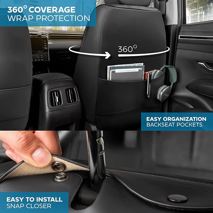 Elite Edition Faux Leather Seat Covers for Cars, Trucks, & SUV - 2 Black Car Seat Covers for Front Seats - Universal Fit Car Accessories Automotive Interior Cover Protector for Most Vehicles