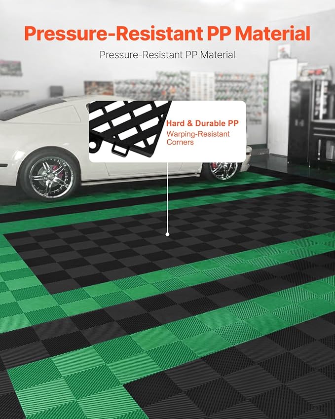 VEVOR Interlocking Drainage Mat, 15.7” x 15.7” Modular Interlocking Cushion, 24 Pcs Splicing Drainage Mats, Non-Slip Black PP Drainage Floor Tile and Shower Mat, for Garage, Garden, Kitchen & Outdoor