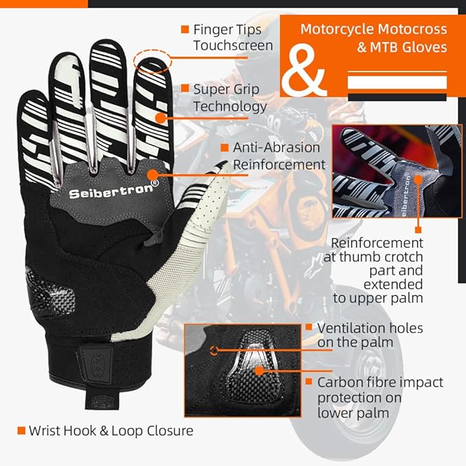 Seibertron SPS Series Touchscreen Motorcycle Motocross BMX ATV MTB Bicycle Cycling Full or Half Finger Gloves Adult and Youth
