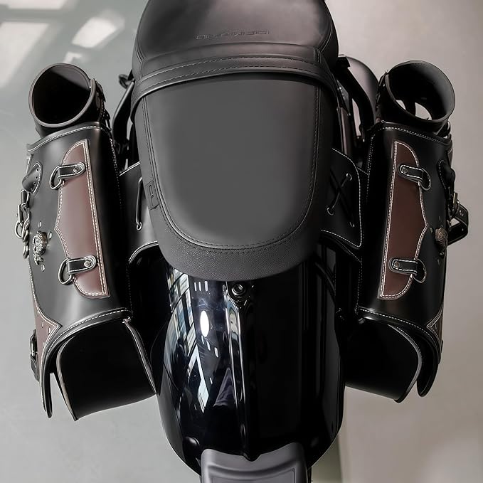 Motorcycle Saddlebags, 30L Leather Waterproof Side Saddle Bags with Cup Holder, Universal Powersports Saddlebags for Harley Davidson Sportster Dyna Softail Honda Shadow Rebel Yamaha Kawasaki Vulcan