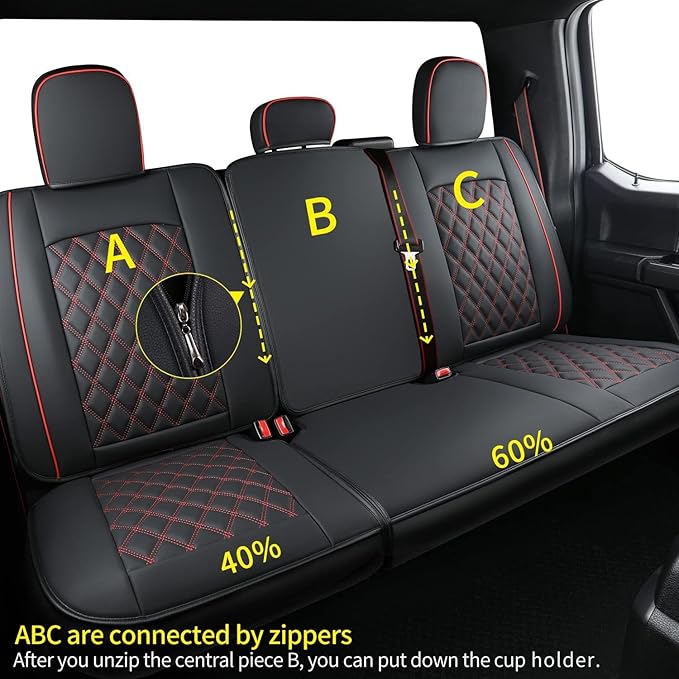 LUCKYMAN CLUB F150 Faux Leather Seat Covers Fit for 2015-2025 F150 and 2017-2025 F250 F350 F450 Pickup Trucks(Full Set, Black&Red)
