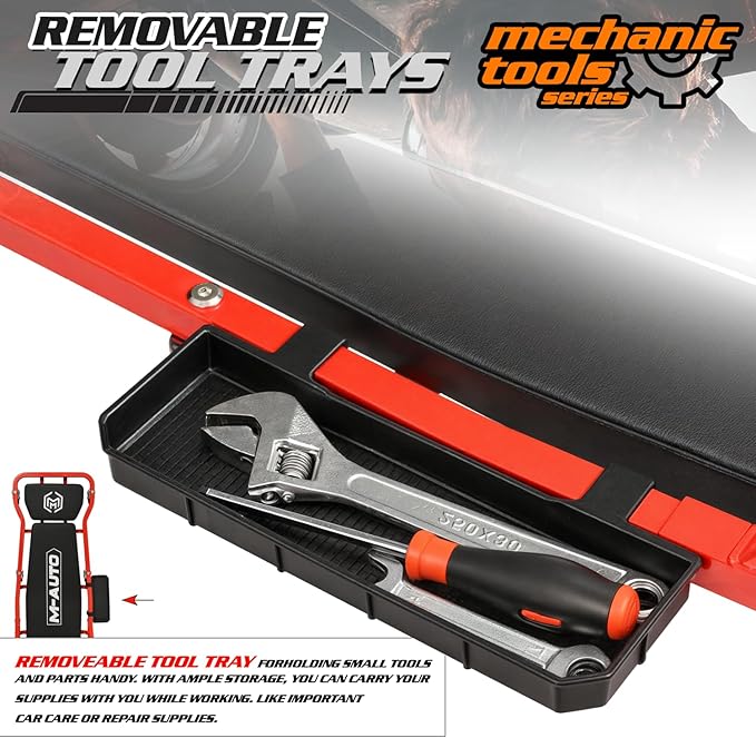 M-AUTO Heavy-Duty Automotive Creeper with 3-leves Adjustable Headrest, 42.5" Padded Metal Frame Creeper with Tools Tray for Garage Shop, 6 Noiseless Casters 300LBS Capacity, Red