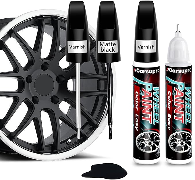 Black Rim Touch Up Paint. Wheel Scratch Repair Pen. Car Rim Paint Pen Quick And Easy Fix Rim Scratches,Rim Paint For Car Wheel Repair (2, Matte Black+Varnish)
