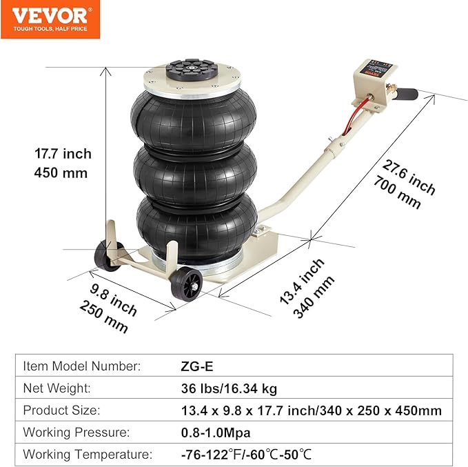 VEVOR Air Jack, 3T / 6600 lbs Triple Bag Air Jack, Airbag Jack with Six Steel Pipes, Lift up to 17.7 inch/450 mm, 3-5 s Fast Lifting Pneumatic Jack, with Long Handles for Car, Garage, Repair