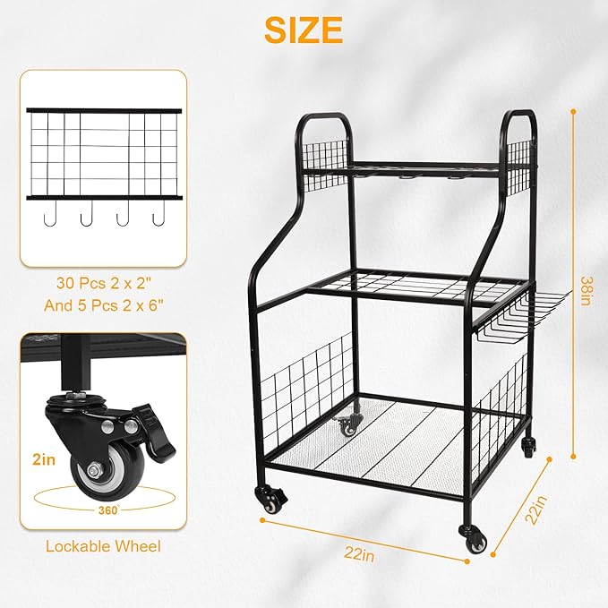 FZK Garden Tool Organizer,Heavy Duty Steel Yard Tool Organizer for Garage,Up to 49 Long-Handled Tools, Garden Tool Storage with Wheels,Garden Tool Organizer for Garage,Black