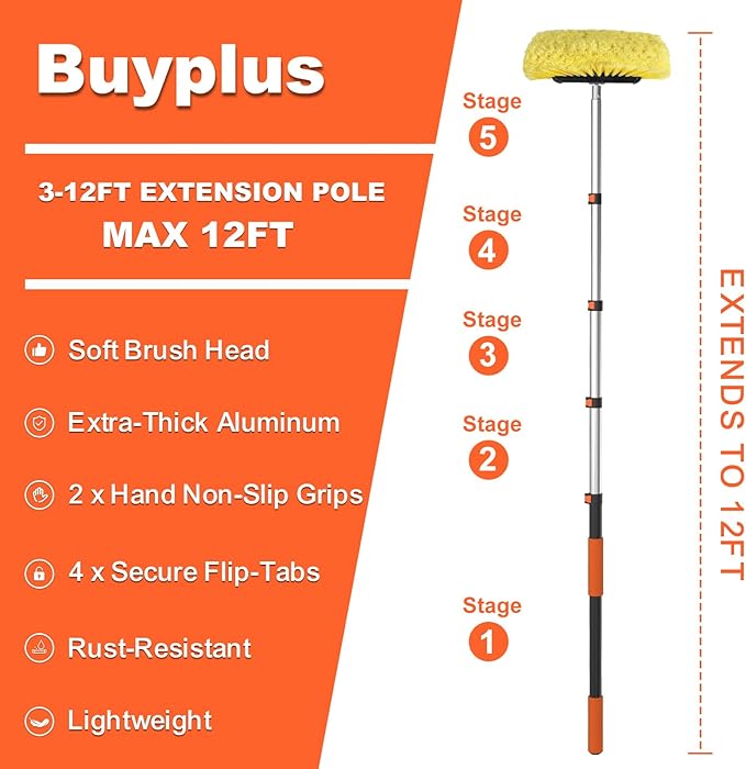 Buyplus 12FT Car Wash Brush with Long Handle, 12-Inch Soft Bristle, with Aluminium Telescoping Pole, for Cleaning Car, SUV, RV, Boats, House Siding, Floors, Solar Panels, and More