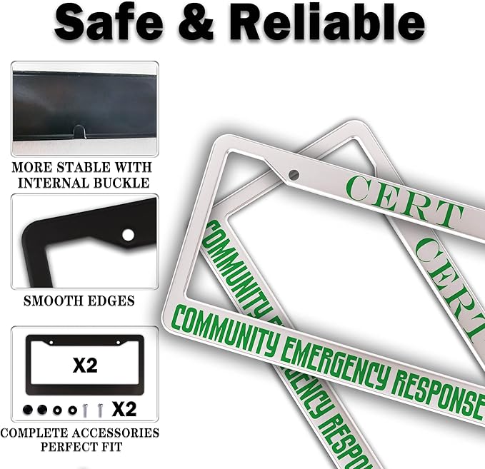 License Plate Frames Black Green Automotive Exterior Accessories Cert Community Emergency Response Team Aluminum Metal Car Accessory 2 Pack with Screw Covers Set