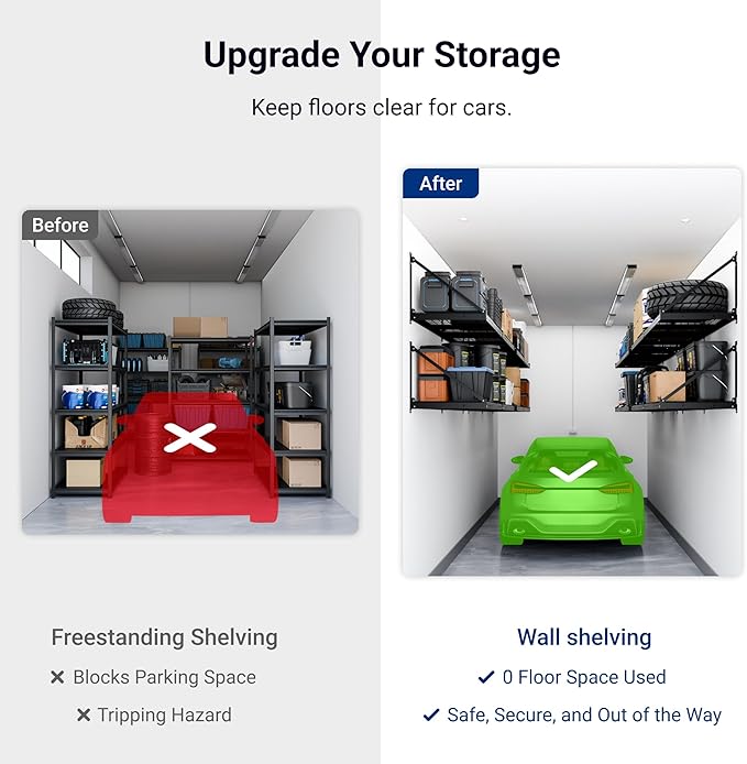 FLEXIMOUNTS 4-Pack 2x4ft Garage Wall Shelving - Heavy Duty Garage Storage System, 880 lbs Load Capacity with Brace Guardrail, Organization for Tools, Heavy Bins, Sports Equipment, Utility Room