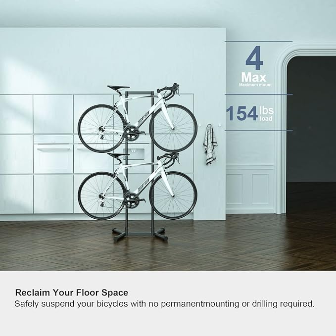 teraysun Indoor 4 Bike Storage Rack, Adjustable Arm Hook for Mountain, Road Bicycles, Beach Cycle, and Fat Tire Bikes, Freestanding Mount Home & Garage Vertical Bike Floor Stand Hold Up to 154lbs