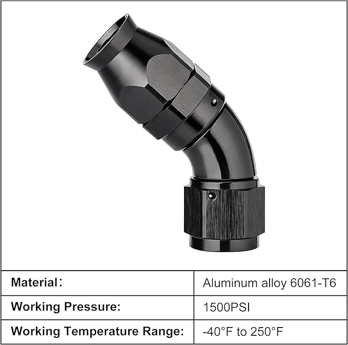 EVIL ENERGY 12AN 45 Degree PTFE One Piece Full Flow End Hose Fitting Aluminum Black