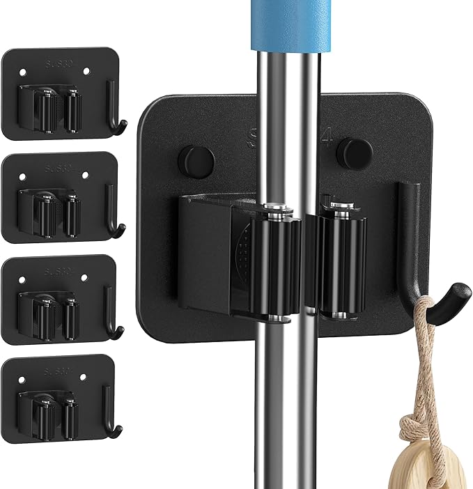 4 Pack Mop and Broom Holder Wall Mount - Stainless Steel Broom Mop Hanger - Wall Mounted Garden Tool Rack Organizer for Closet Garage Laundry Room Kitchen Decor (Black)