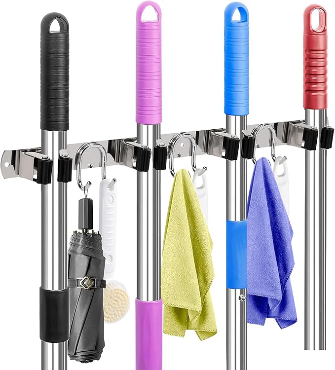 Mop Broom Holder Wall Mount, Silver Stainless Steel Tool Storage Organizer for Kitchen Garden Garage Laundry Room Bathroom and RV with 4 Slots 6 Hooks