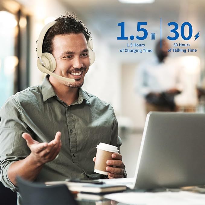 Wireless Headset with Mic, 2.4GHz Bluetooth Headset with AI Noise Cancelling Microphone & Charging Base, Wireless Headphones with USB Dongle for PC (Apricot, L)