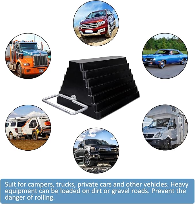 2 Packs Rubber Heavy Duty Wheel Chocks for Travel Trailers with Eye Bolt, Solid Wheel Chock Stopper for Camper, RV, Cars and Truck, Black, 9" Length x 7.1" Width x 5.5" Height