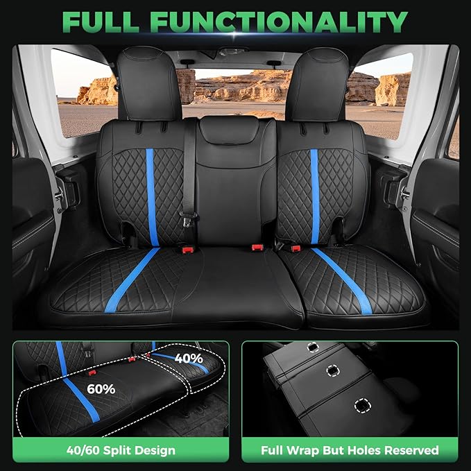 for Jeep Wrangler Seat Covers 4Door JL 2018 2019 2020 2021 2022 2023 2024 2025, Custom Car Seat Cover Full Set, Luxury Waterproof Leather Seat Protectors, Black Blue Trim, W/O Rear Cup Holder