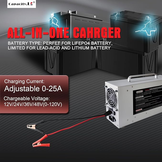 High Power Battery Charger, 0-120V Upgraded Design LifePO4 Battery Charger, One Click Control Adjustable Current/Voltage for LiFePO4 Lithium Iron Rechargeable Battery((0-25A)