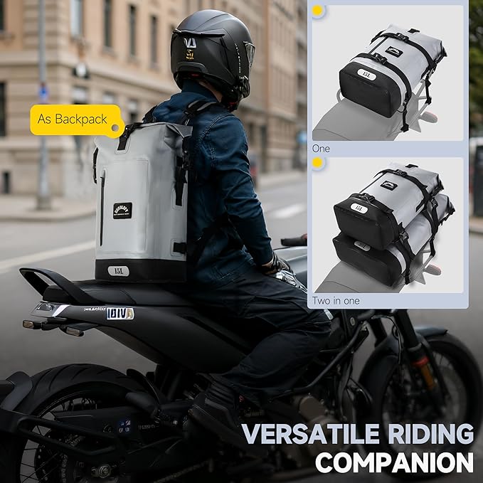 Motorcycle Tail Bag, 15L Waterproof Motorcycle Saddle Bag, 2 Size and 3 Color Options Luggage Bag, PVC Travel Bag, Rear Seat Bag, Stone Grey GT-15GRY