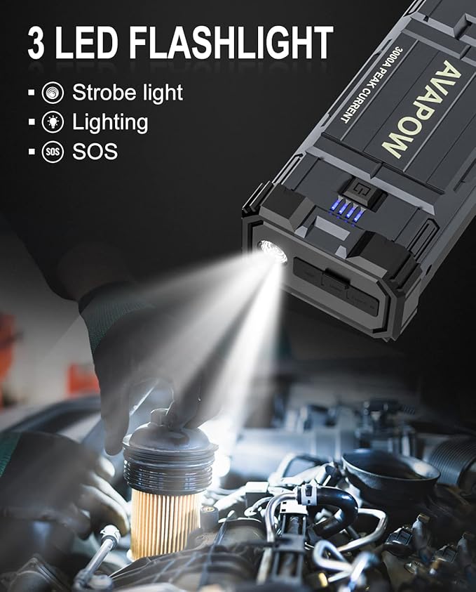 AVAPOW Car Battery Jump Starter 3000A Peak, Jumpstart with Force Start Function, Portable Starters for Up to 8L Gas 8L Diesel Engine with Booster Function,12V Lithium Jump Charger Pack Box