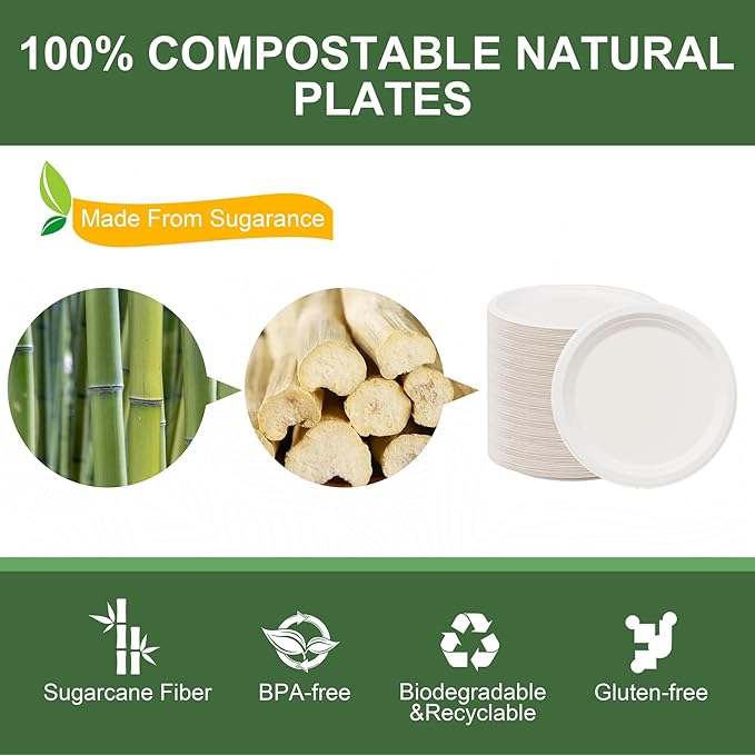 WELLIFE 100% Compostable Paper Plates 7 Inch, 125-Pack Dessert Paper Plates Bulk, Biodegradable Bagasse,Eco-Friendly Disposable Plate Small for BBQ,Picnic,Party (BPI Certified,Microwaveable)