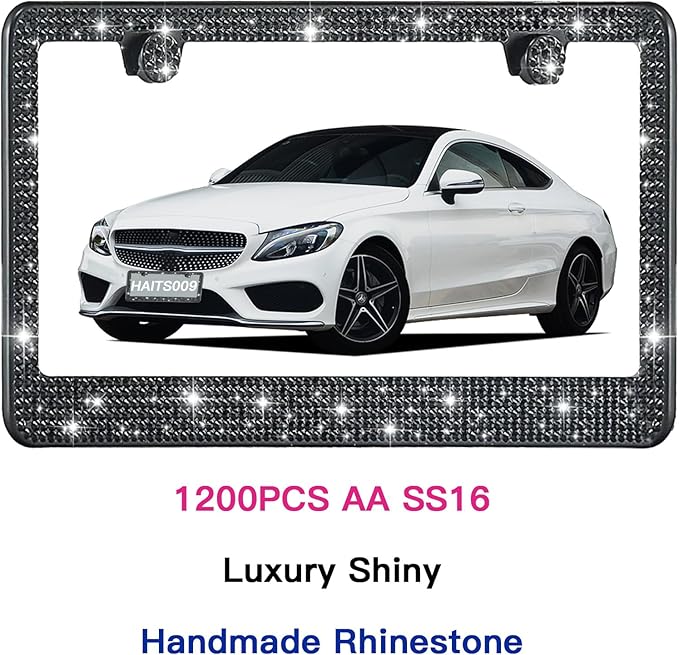 2 Pack License Plate Frames for Women, Sparkly Rhinestone Diamond Car Accessories with Glitter Crystal Caps (Black (2PCS))