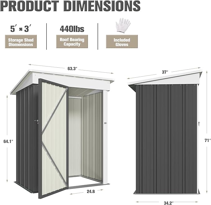 JUMMICO Metal Outdoor Storage Shed 5 x 3 FT Metal Shed with Lockable Door,Waterproof Garden Tool Shed Storage House for Backyard Patio Lawn,Grey