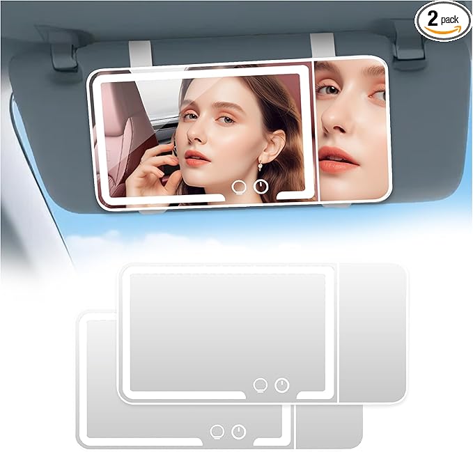 2 pack， Car Sun Visor Vanity Mirror， Rechargeable Led 3 Light Modes,Dimmable Touch Screen,Side with triple magnification mirror image (2)