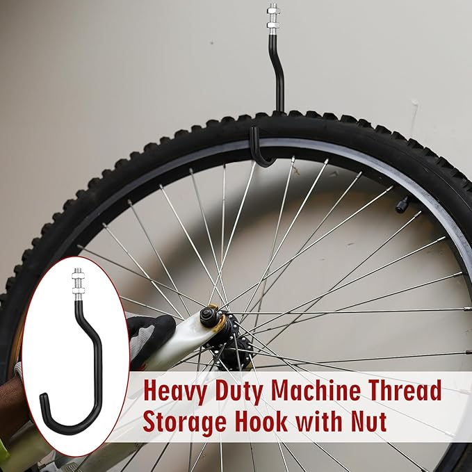 Shimeyao 4 Pcs Machine Thread Bicycle Storage Hook with Nut Heavy Duty Bike Hooks M10 x 1.5 Machine Threading Hook Rubber Coated Bicycle Hanger for Hanging Large Mountain Bike Tire (3.15 Inch,Black)