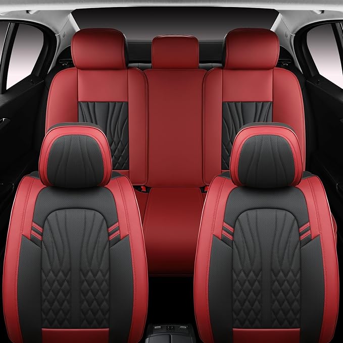 Leather Car Seat Covers,Car Seat Protector Waterproof,Seat Covers Full Set, Car Seat Protectors 5 Seats,Automotive Seat Covers Fit Most Cars Wine Red
