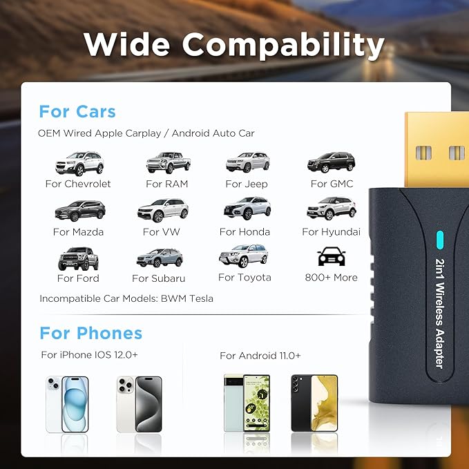 2in1 CarPlay Android Auto Wireless Adapter, Mini Car Play Cars Stick, Fast Auto Connection for OEM Wired CarPlay Car Model 2017 Above, for iPhone iOS 12 /Android 11 Above, Blue