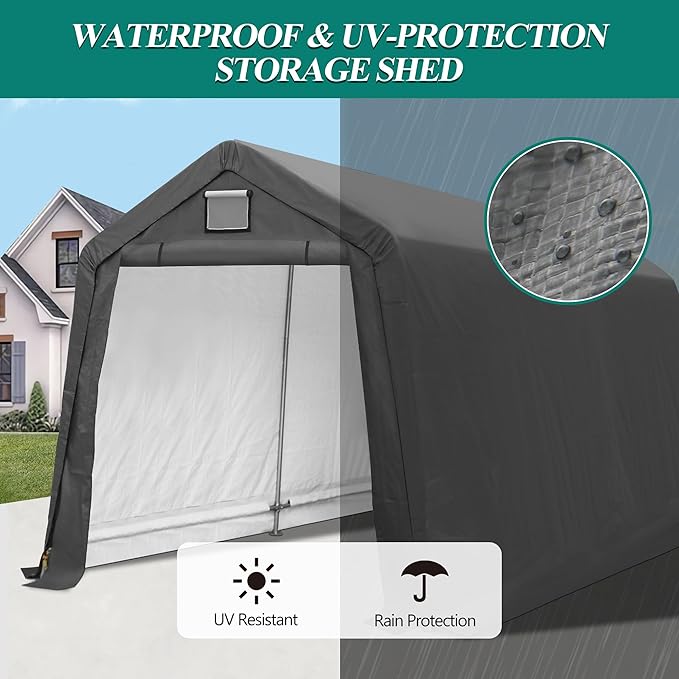 7' x 12' Outdoor Storage Shed- Heavy Duty Storage Shelter Tent with Roll-up Ventilated Door, Portable Garage Zipper Storage shed for Bike, ATV, Motorcycle Shelter, Gray