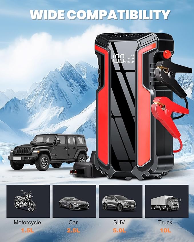 Car Jump Starter 3000A, Car Battery Jump Starter for Up to 10.0L Gas & 10.0L Diesel Engine, 12V Jump Box Portable Jump Starter Battery Pack with LED Light, Jumper Cables