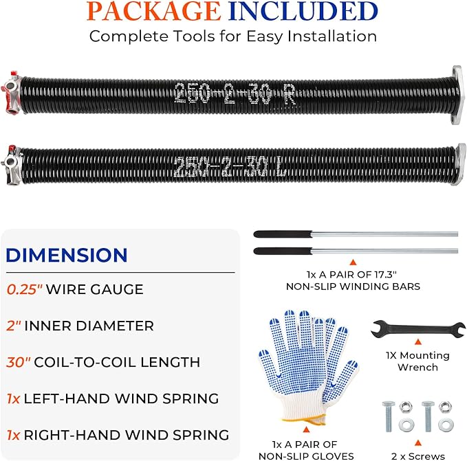 Pair of 2" Garage Door Torsion Springs (0.250'' X 2'' X 30'') with Non-Slip Winding Bars & Gloves, Heavy-Duty Replacement, 18,000 Cycles, High Precision Electrophoresis Black Coated