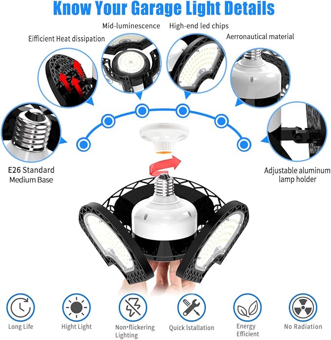 LED Garage Light 80W Deformable LED Ceiling Lights 12000 Lumens Led Shop Lights for Garage