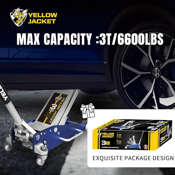 YELLOW JACKET Floor Jack 3 Ton Hydraulic Low Profile Aluminum and Steel Racing Car Jack with Fast Lifting Dual Pump for SUV,Truck, MVP,6600 lbs Capacity