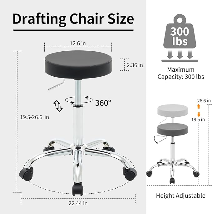 Rolling Office Stools, Adjustable Drafting Stool on Wheels 19.5’’-26.6’’, Black Ergonomic Office Chair (Black)