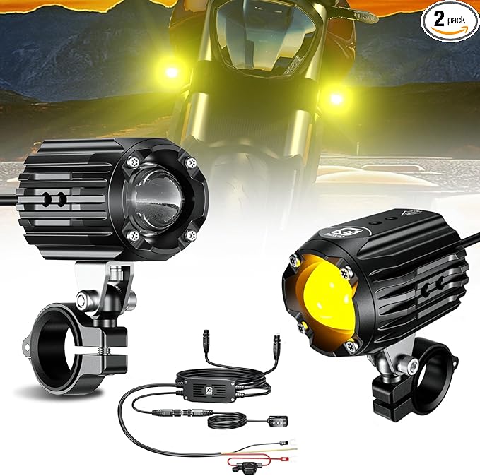 Motorcycle Auxiliary LED Light Driving Spotlights White/Amber Fog Lights with Mount Brackets Wire Harness Waterproof Offroad Work Lights Compatible with Motorcycle J-eep Car Truck 60W Driving Lamps