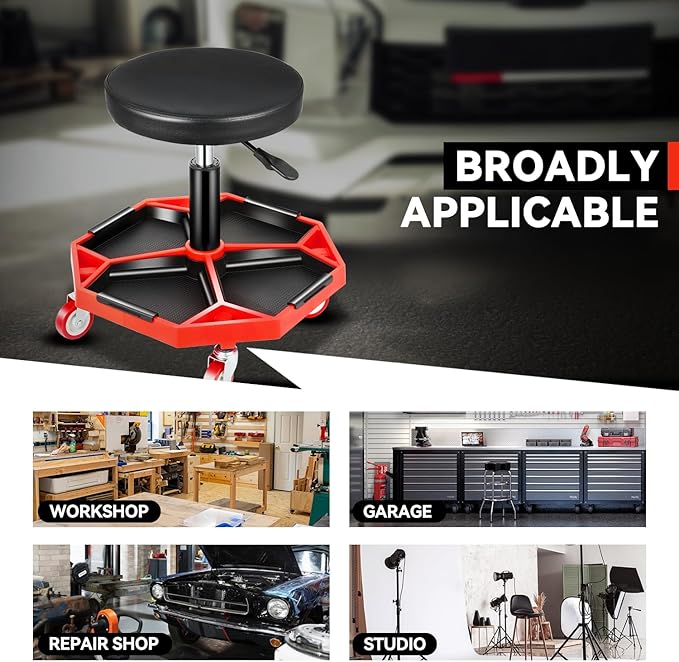 Auto Dynasty Mechanic Stool, Adjustable Rolling Pneumatic Creeper Garage Shop Seat with Tool Tray, 300 LBS Roller Seat for Workshop Auto Repair, Adjustable Height 15.7" to 21", Black/Red