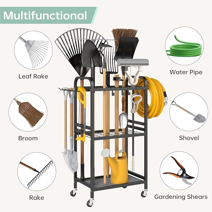 Hadulcet Garden Tool Organizer, Metal Garage Organization and Storage with Lockable Wheels, Garden Tool Rack with Storage Hooks, Heavy Duty Yard Tool Organizer for Garage, Shed, Lawn, Outdoor, Black