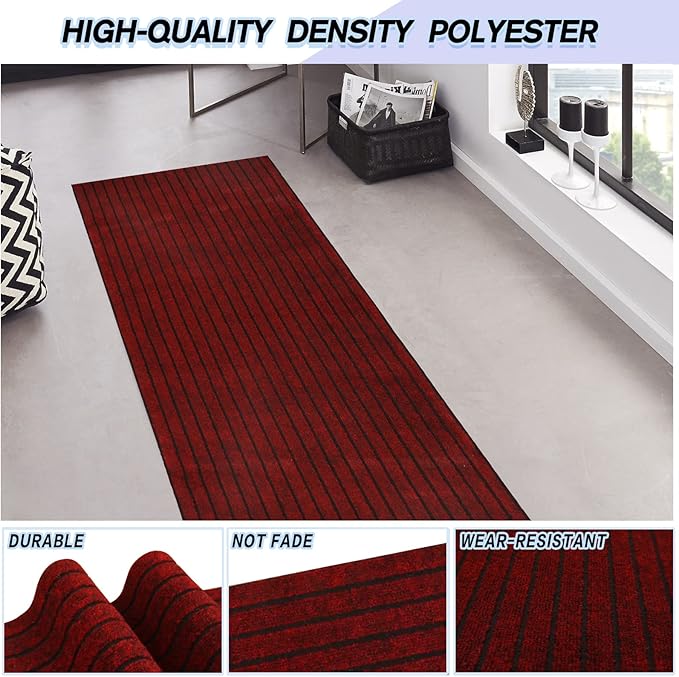 Custom Size Backed Non-Slip Area Rugs Runner, Easy Clean, Waterproof Runner Rugs for Hallway Entryway, Kitchen, Laundry, 3FT x 56FT, Red Stripe